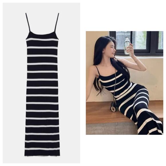 Zara Navy Striped Square-Neck Maxi Dress Medium Ribbed Knit Stretch Minimalist - Picture 1 of 13
